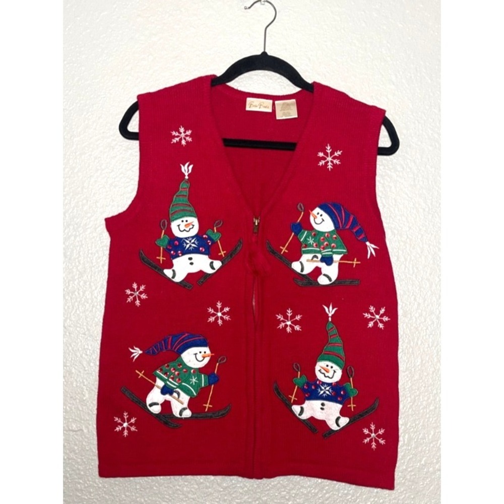 VTG Bobbie Brooks Christmas Sweater Vest Women's Small Red Holiday Snowman